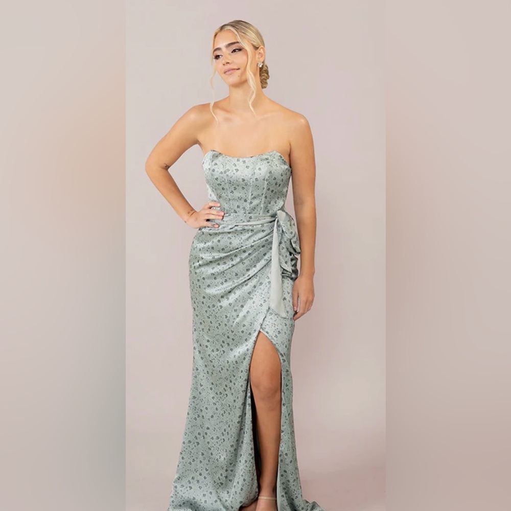 Revelry Strapless Sage Green Jacquard Evening Gown